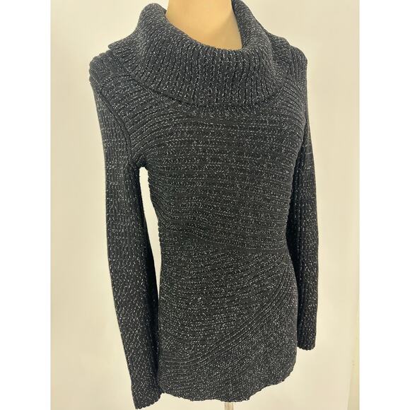 WHBM Size Small Wool Cotton Blend Cowl Neck Knit Sweater Black Silver Glitter - Picture 2 of 8